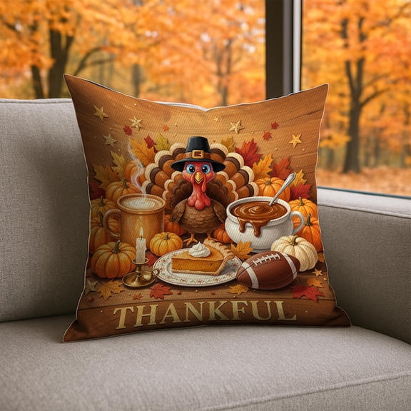 TiniDecor Thanksgiving Pillow, 16x16" Poly Oxford, Thankful Turkey & Leaves Cushion, Autumn Decor