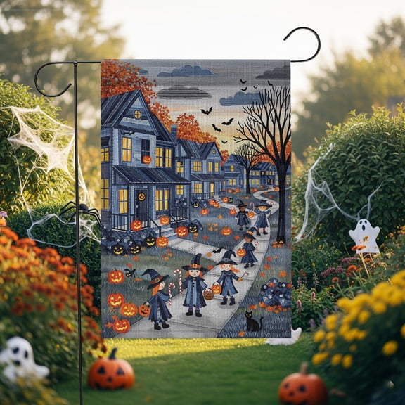 TiniDecor Trick-or-Treat Street Garden Flag – 12”x18” Halloween Outdoor Decor, Kids Witch Parade