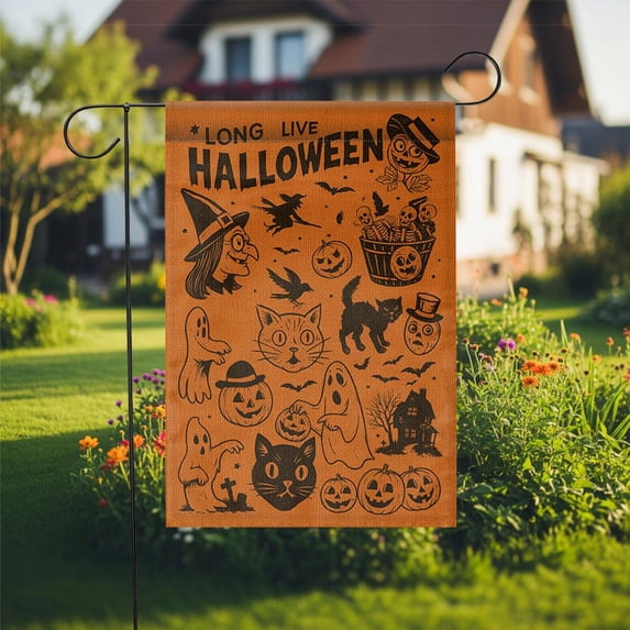 TiniDecor Vintage Halloween Garden Flag – 36”x60” Long Live Halloween Yard Banner, Orange Spooky Decor
