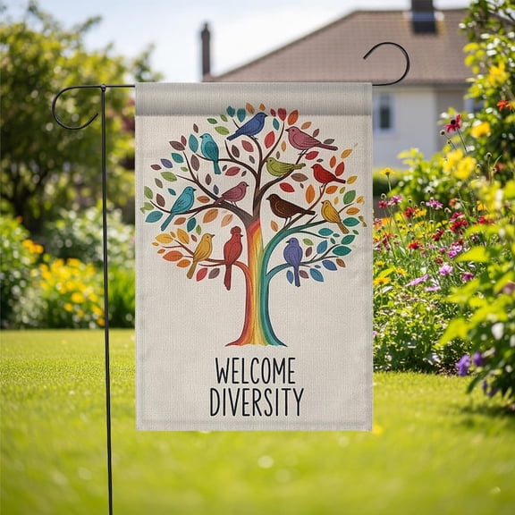 TiniDecor “Welcome Diversity” Garden Flag – 12”x18” Inclusive Yard Sign with Rainbow Birds Tree
