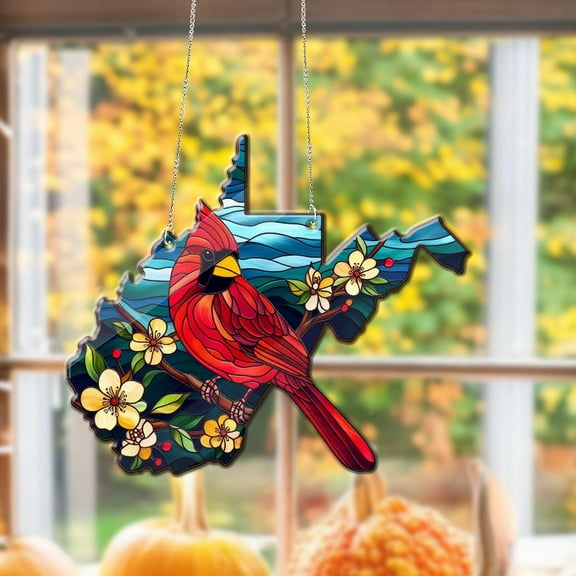 TiniDecor West Virginia Cardinal Suncatcher, Stained Glass Style Acrylic, State Bird Window Decor