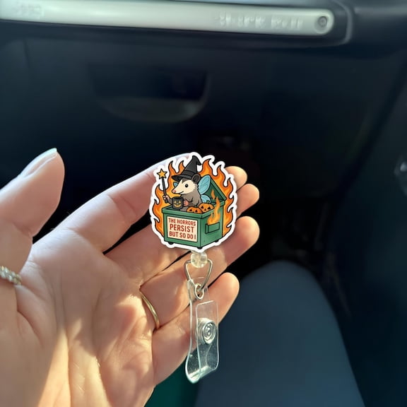 TiniDecor Witch Possum Dumpster Fire Badge Reel, Retractable ID Holder, Funny Halloween Nurse Gift