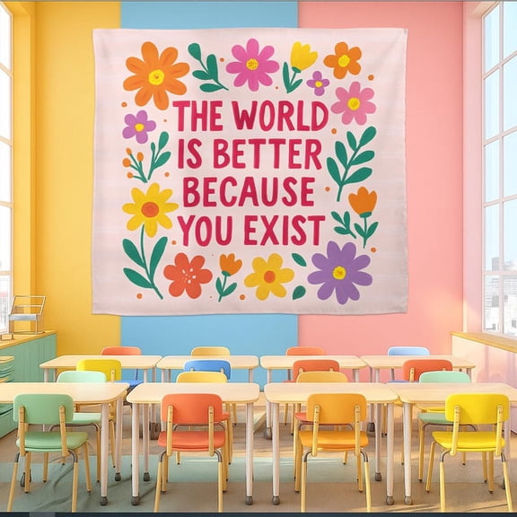 TiniDecor You Exist Quote Tapestry, 60"x80" Floral Pastel Wall Hanging, Mental Health Room Decor