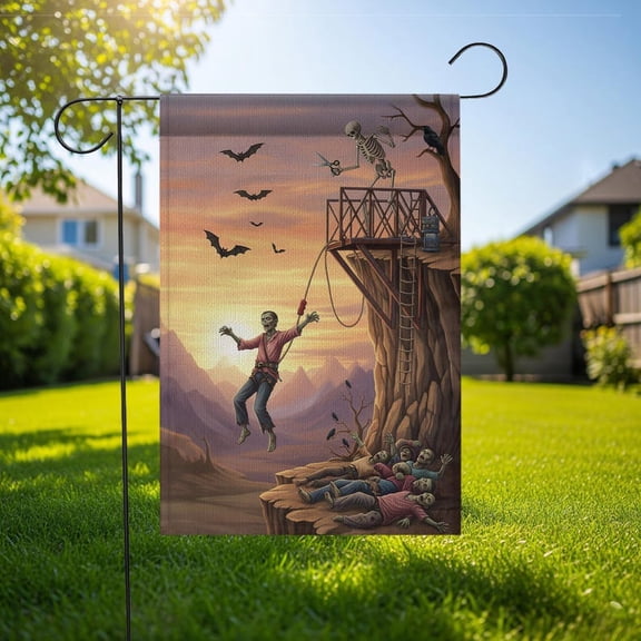 TiniDecor Zombie Bungee Garden Flag – 12”x18” Halloween Horror Outdoor Decor, Spooky Cliff Scene