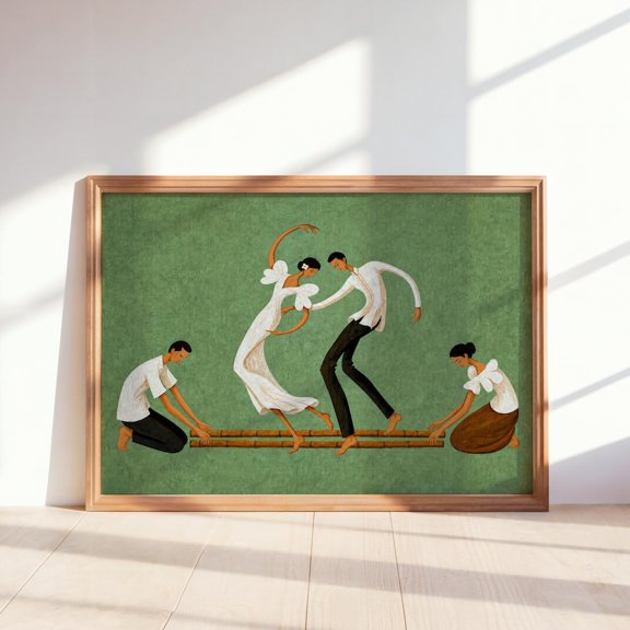 Tinikling Dance Poster, Traditional Bamboo Dancers, Philippines Cultural Pinoy Heritage, Filipina Woman for Living Room Bedroom Study and Entryway Decor