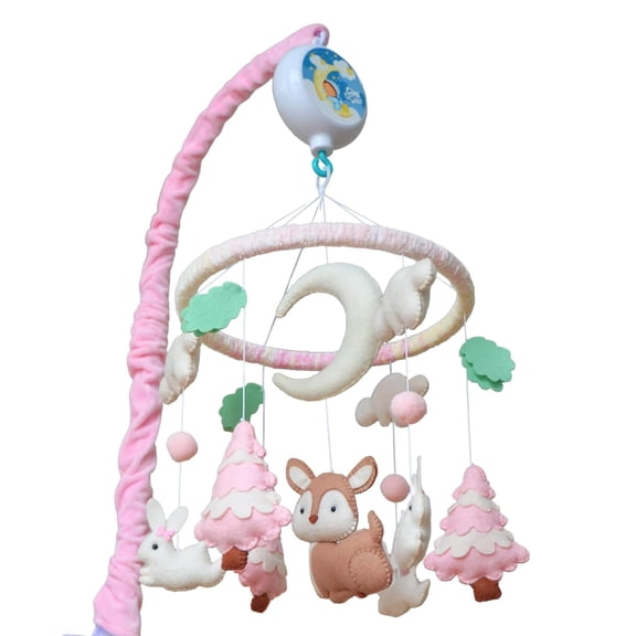 Tinitigies Handmade Baby Crib Mobile - Deer and Rabbit Hand-Stitched Felt Decor for Nursery - Pink & Mint