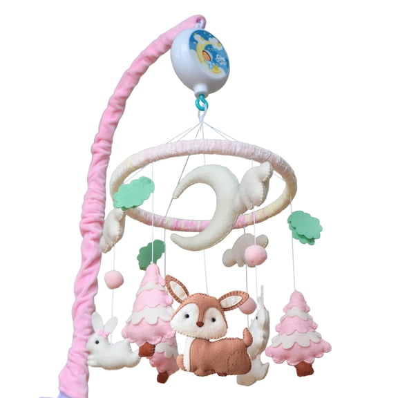 Tinitigies Handmade Baby Crib Mobile - Deer and Rabbit Hand-Stitched Felt Decor for Nursery - Pink & Mint