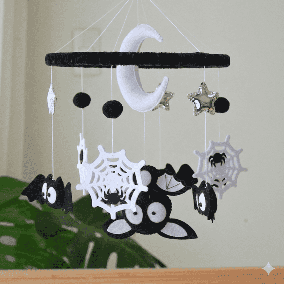 Tinitigies Handmade Halloween Baby Crib Mobile - Spooky Bat, Spider Web and Moon Felt Decor - Black & White Nursery Accessory (Mobile Only, Arm Not Included)