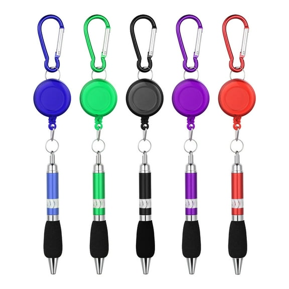 TinkSky 5PCS 3-in-1 Handy Retractable Badge Reel Pen with Belt Clip Keychain and Carabiner (Random Color and Blue Refill
