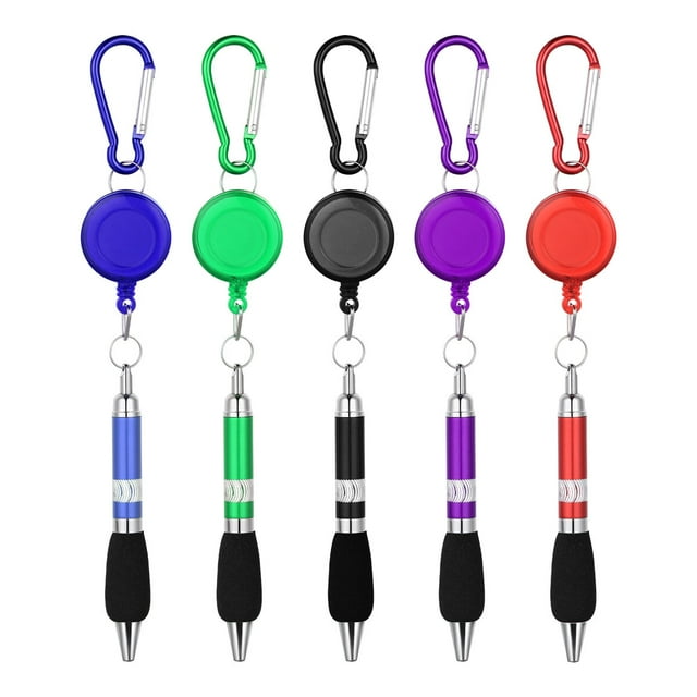 TinkSky 5PCS 3-in-1 Handy Retractable Badge Reel Pen with Belt Clip Keychain and Carabiner (Random Color and Blue Refill)