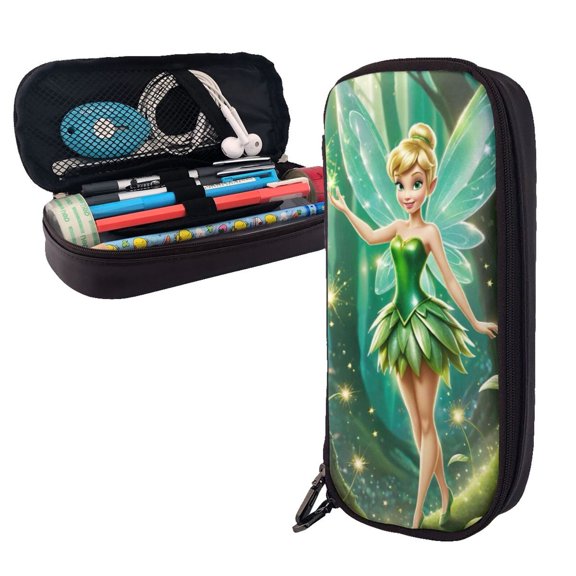 Tinker Bel Black Leather Pencil Pouch Case Makeup Bag Zipper Cosmetic Bag Storage Pen Bag