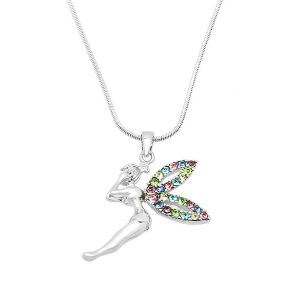 Tinker Bell Fairy Pendant Necklace Multicolor Rhinestone Crystal Rhodium Plated 17 Inch Snake Chain J0199-MT