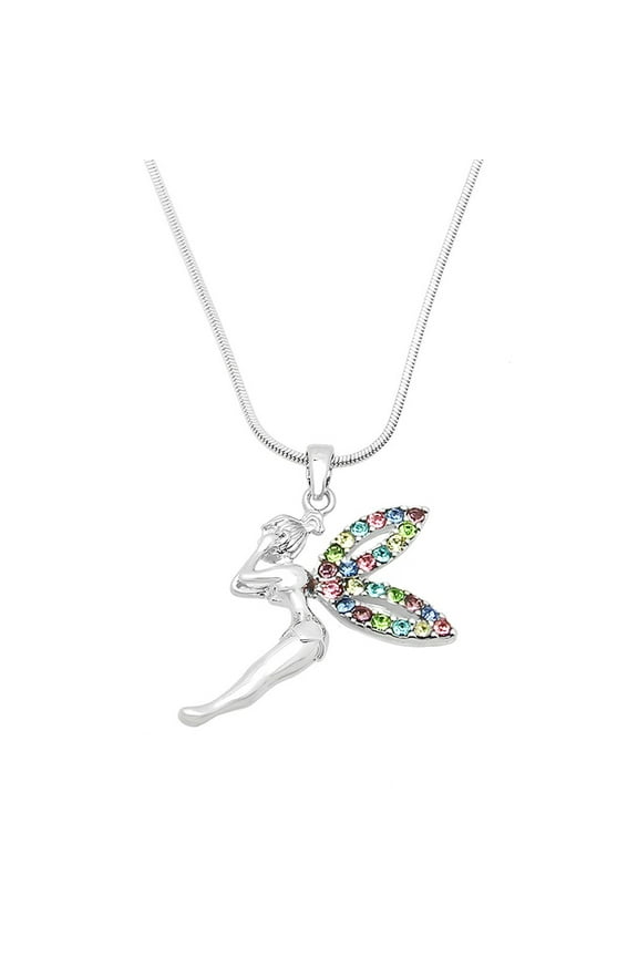 Tinker Bell Fairy Pendant Necklace Multicolor Rhinestone Crystal Rhodium Plated 17 Inch Snake Chain J0199-MT