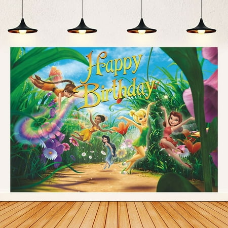 Tinker Bell Happy Birthday Anime Cartoon Theme Backdrops Banner Birthday Party Decor Supplies,5.9x3.6ft