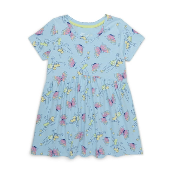 Tinker Bell Toddler Girl Allover Print Dress with Short Sleeves, Sizes 12M-5T