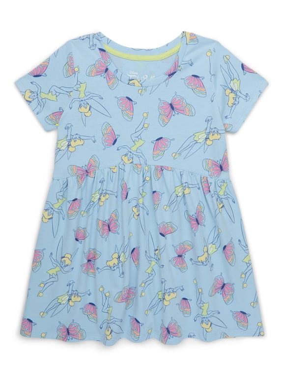 Tinker Bell Toddler Girl Allover Print Dress with Short Sleeves, Sizes 12M-5T