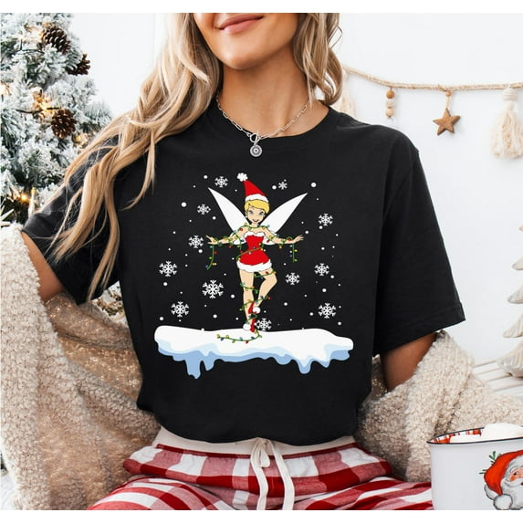 Tinkerbell Christmas Shirt, Disney Tinkerbell Neverland Santa T-shirt,Black Color,Size M