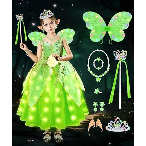 Tinkerbell Costume Kids, Tinkerbell Princess Dress Up for Girls,Tinkerbell Fancy Dress with Wing Crown, Princess Dress Tinkerbell Fairy Costume for Birthday Carnival Halloween