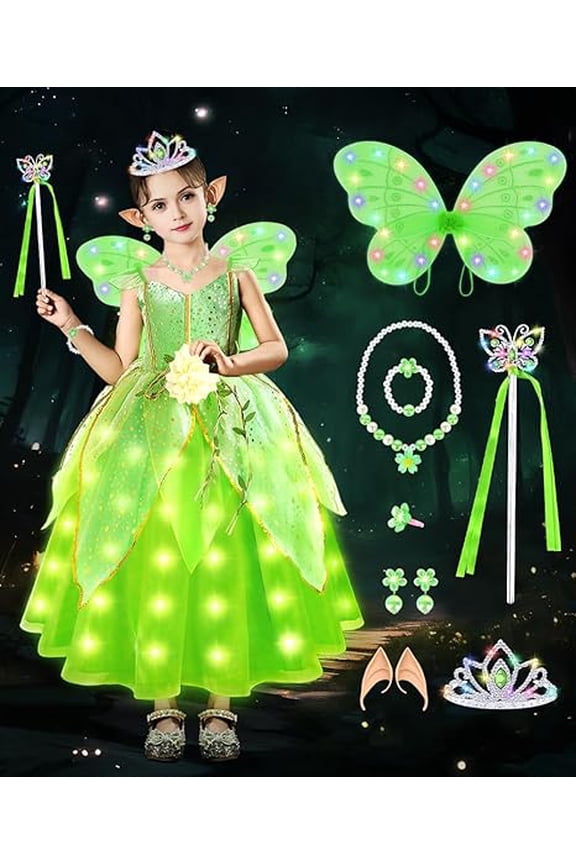 Tinkerbell Costume Kids, Tinkerbell Princess Dress Up for Girls,Tinkerbell Fancy Dress with Wing Crown, Princess Dress Tinkerbell Fairy Costume for Birthday Carnival Halloween