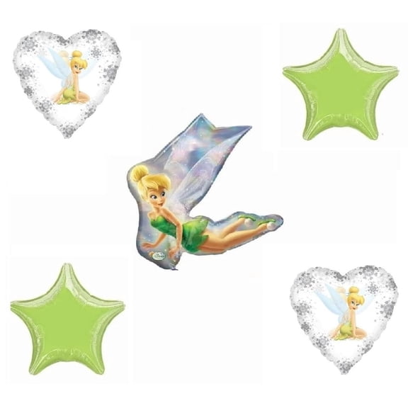 Tinkerbell Heart Balloon Bouquet Flower Birthday 5 Piece Set Mylar Balloons Party Supplies