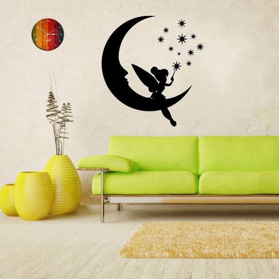 Tinkerbell Moon And Stars Tinkerbell Little Fairy Pixie Dust Tinkerbell Disney Movie Character Tinkerbell Vinyl Wall Art Sticker DecorationFor Home Kids Baby Girls Childrens Room Size (10x10 inch)
