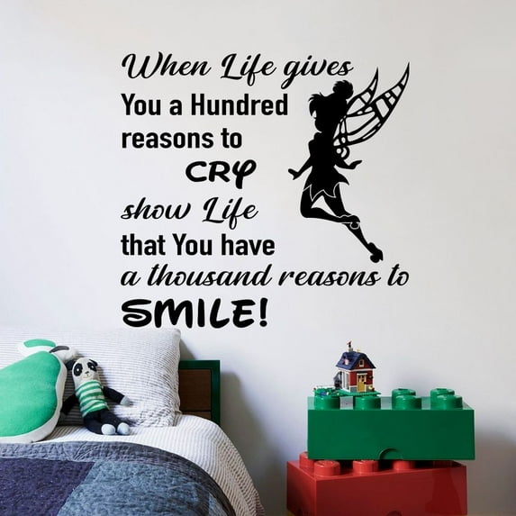 Tinkerbell Smile Life Quote Disney Cartoon Quotes Wall Sticker Art Decal for Girls Boys Room Bedroom Nursery Kindergarten House Fun Home Decor Stickers Wall Art Vinyl Decoration Size (40x40 inch)