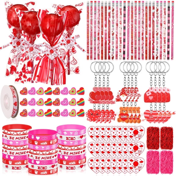 Tinlade Valentine's Day Gifts Bulk - 24 Pack Giant Lollipop-Shaped Stationery Gift Set with Valentine's Card Pencil Eraser Keychain Bracelet Classroom Prize Exchange Party Favors Y101