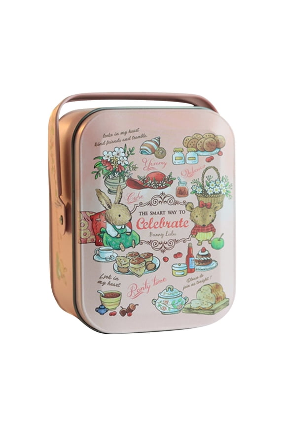 Tinplate Box with Handle, Decorative Cartoon Rabbit Storage Case for Candies, Small Gifts, and Jewelry, Retro Metal Carry Box for Home, F