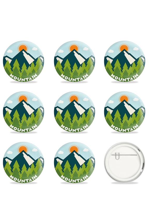 Tinplate Brooch with Plastic Bottom Iron Pin Flat Round Colorful Mountain Pattern 58x4mm 9pcs/set