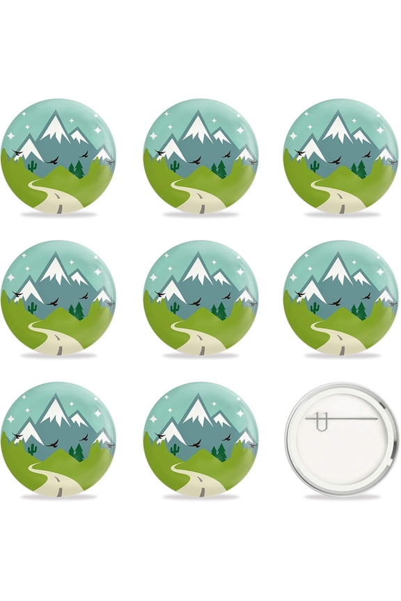 Tinplate Brooch with Plastic Bottom & Iron Pin Flat Round Colorful Mountain Pattern 58x4mm 9pcs/set