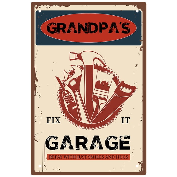 Tinplate Sign Poster Vertical for Home Wall Decoration Rectangle with Word Grandpa's Garage Tools Pattern 300x200x2.2mm