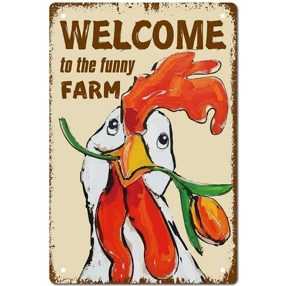 Tinplate Sign Poster Vertical for Home Wall Decoration Rectangle with Word Welcome to the Funny Farm Rooster Pattern 300x200x2.2mm