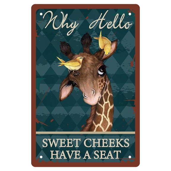 Tinplate Sign Poster Vertical for Home Wall Decoration Rectangle with Word Why Hello Wweet Cheeks Have A Seat Giraffe Pattern 300x200x2.2mm