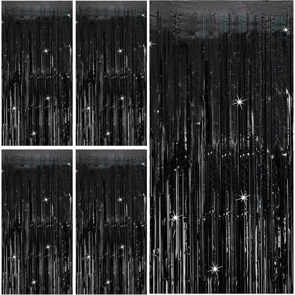 Tinsel Curtain Party Backdrop Black Birthday Decorations 5 Packs Glitter Foil Fringe Curtain Party Decor Streamers Photo Booth for Birthday Christmas Wedding Halloween Graduation Decorations
