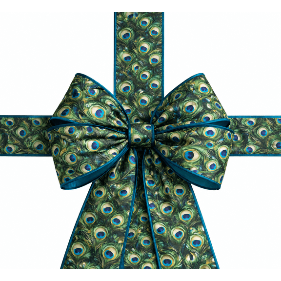 Elegant Peacock Feathers Wired Ribbon - 4 inch x 10 Yards, Fall, Thanksgiving, Christmas, Wedding, Wreath, Swag, Anniversary, Birthday, Floral Arrangements