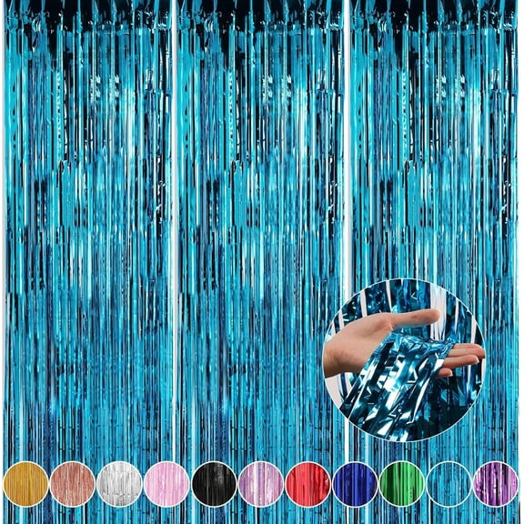 Tinsel Foil Fringe Curtains Teal Blue Streamers Backdrop for Ocean Themed Party Blue Birthday Under The Sea Party Decorations(2 Pack,3.3 ft x 6.6 ft)