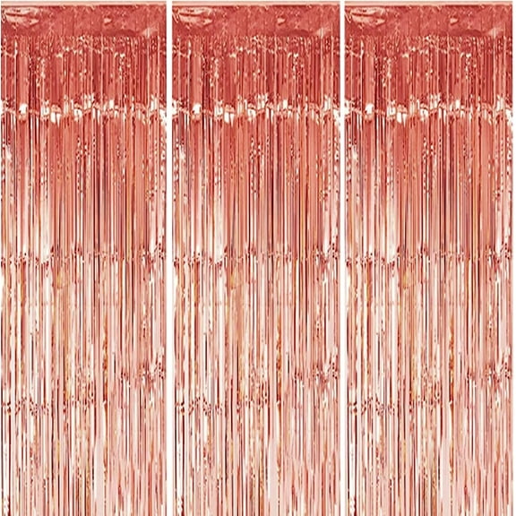 Tinsel Foil Fringe Curtains,Topboutique 3 Pack Foil Fringe Shimmer Curtains 3ft x 8ft Sparkle Tinsel Metallic Curtains for Birthday Wedding Party Xmas Door Window Decorations (Rose Gold)