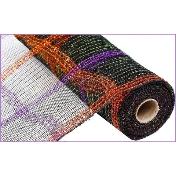 Tinsel Foil Stripe Halloween Check Deco Mesh: Black Orange Purple Lime - 21 inches X 10 Yards (30 feet)