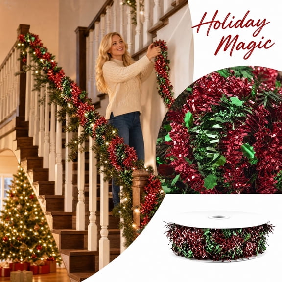 Tinsel Garland Wire Ribbon Flexible Metallic Twist Tie 16.4 Ft Slim Bendable Trimming for Christmas Tree Stair Railing Mantel Party Decor 1 Roll