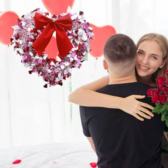 Tinsel Heart Shaped Wreath,16.5in Red Glitter Heart Wreath with Bow,Valentine's Day/Christmas Decor,Door Wall Hanging,Romantic Holiday Decorations,Heart Wreath for Home Decor