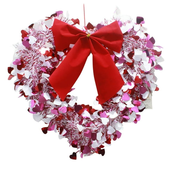 Tinsel Heart Shaped Wreath Valentine's Red Bow Wreath for Front Door Wedding Party Anniversary Wall Gift for Girlfriend Mother's Day Birthday Decor
