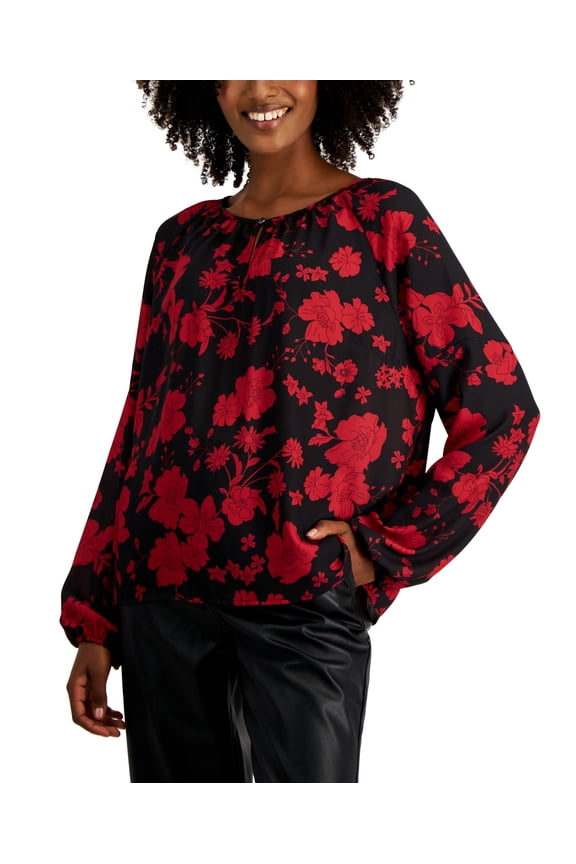 Tinsel Petite Front Keyhole Blouson Sleeve Top Blackred Floral PXS