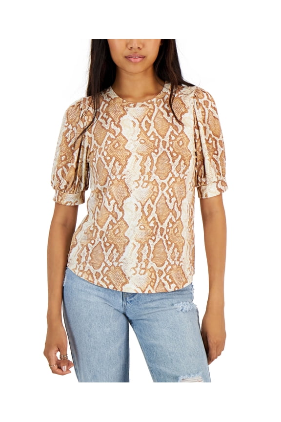 Tinsel Petite Puffed Sleeve Python Print Top Brown Python PL