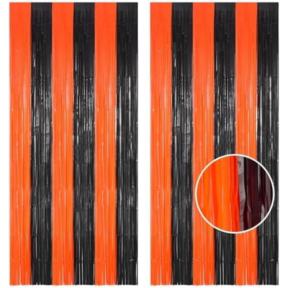 Tinsel Photo Backdrop Curtains - 2 Pack 3.2x8.2ft Black Orange Foil Fringe Streamer Curtain for Birthdays/Sports/Basketball/Pumpkins/Home/Office/Indoor/Outdoor Party Decorations