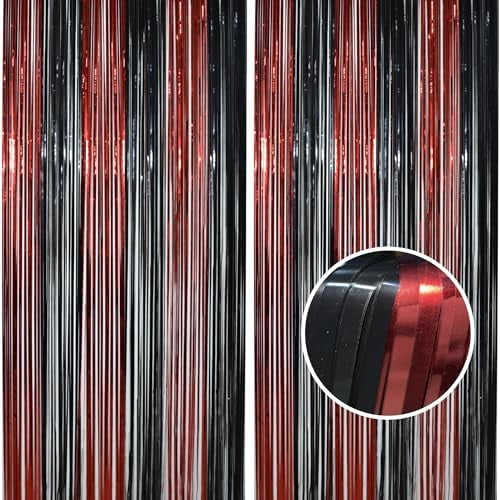 Tinsel Photo Backdrop Curtains - 2 Pack 3.2x8.2ft Black Red Foil Fringe Streamer Curtain for Christmas/New Years/Birthdays/Bachelorette/Home/Office/Indoor/Outdoor Party Supplies Decorations