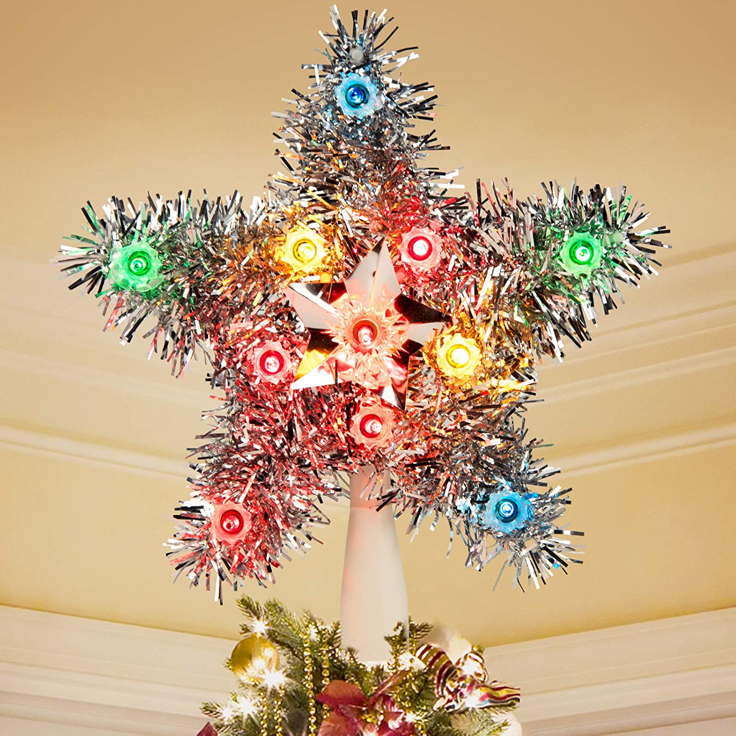 Tinsel Wreath Tree Topper with Mini Lights 8 Colorful Star