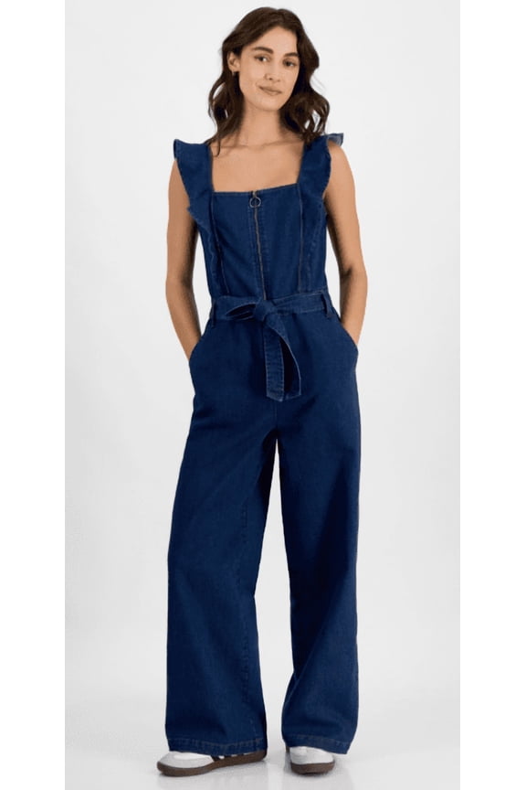 DARK WASH Juniors' Square-Neck Ruffle-Strap Jumpsuit, US Medium