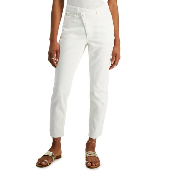 Tinseltown Juniors’ Asymmetrical-Waist Raw-Edge-Hem Ankle Jeans, White, 3