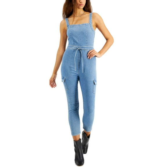 Tinseltown Womens Belted Denim Overall Jumpsuit, Blue, Juniors, X-Small