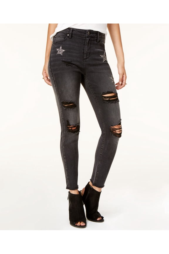 Juniors Embellished Ripped Skinny Jeans Black Sequin Star 15